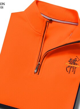 男士立领polo衫半拉链长袖t恤高领纯棉秋冬纯棉上衣男装橙色橘色