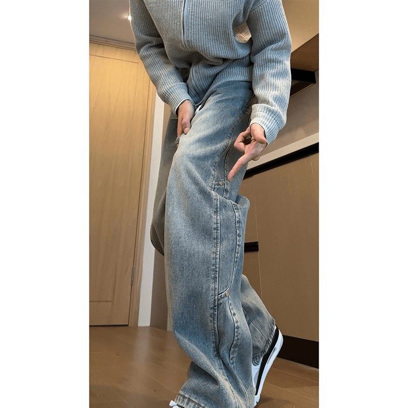 春秋蓝色抽绳牛仔裤男美式vibe裤子男款阔腿宽松弯刀直筒微喇裤子