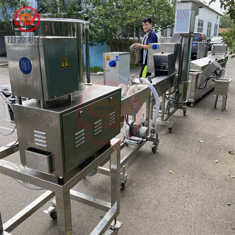土豆饼成型上浆上糠油炸流水线 出口小型全自动上浆裹糠设备