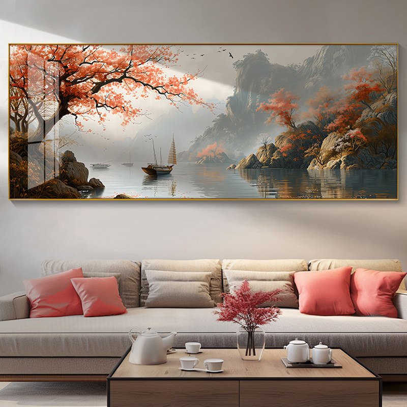 一帆风顺山水画办公室挂画新中式客厅装饰画茶室沙发背景墙水墨画