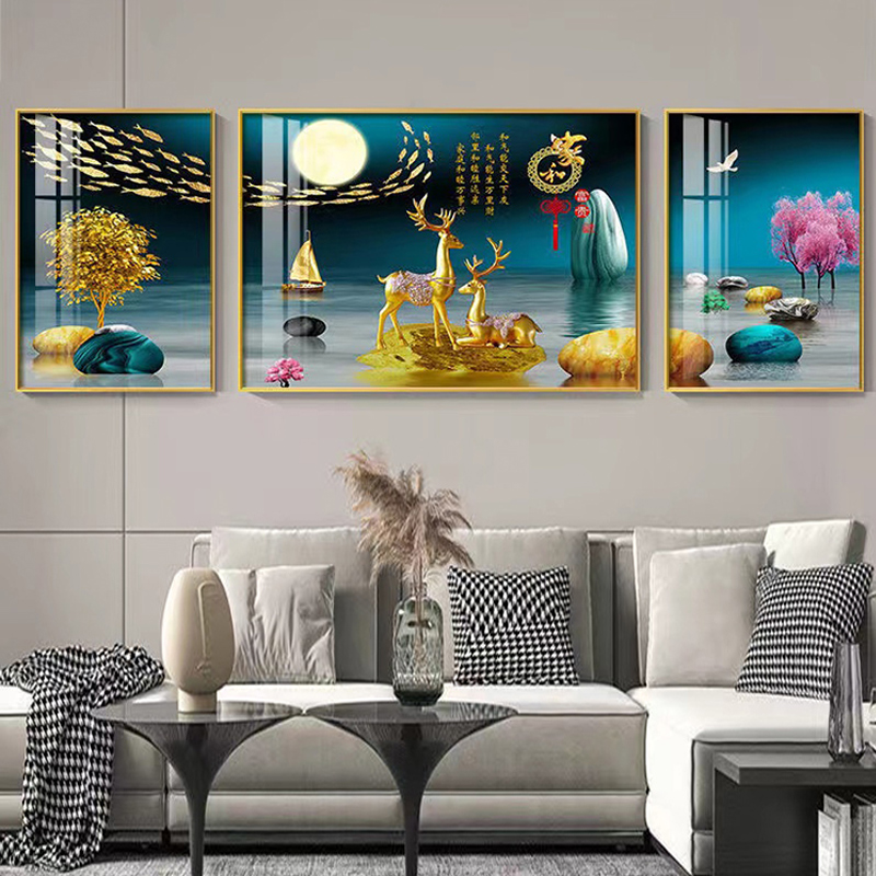 客厅装饰画沙发背景墙挂画现代简约轻奢时尚大气三联晶瓷壁画图片