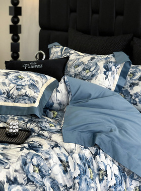 法式复古风水墨100S长绒棉纯棉四件套全棉花卉印染被套床上用品
