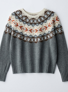 F49费尔岛复古几何图案毛衣字母提花圆领针织上衣