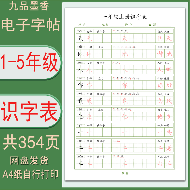 1-5年级语文上下册（识字表）二类字练习字帖电子打印版PDF非实物