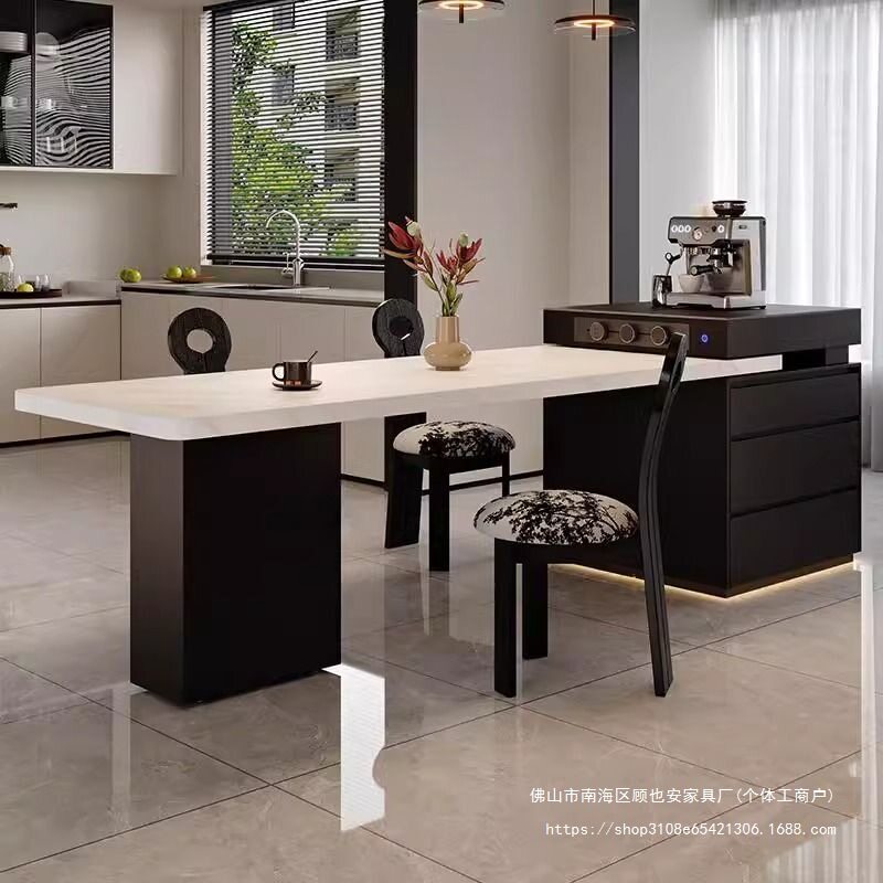 意式极简岩板伸缩岛台餐桌家用客餐厅多功能可泡茶带电磁炉中岛台
