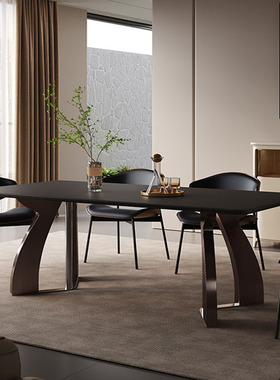 依诺岩板餐桌意式极简轻奢现代简约长方形家庭家用黑色餐桌椅组合
