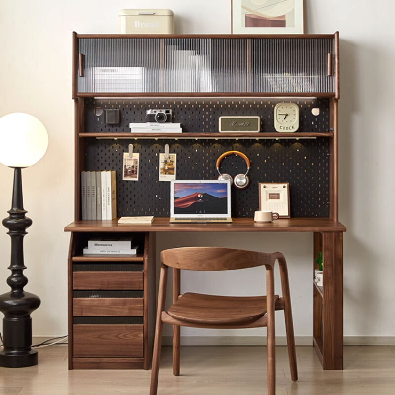 北美黑胡桃木实木书桌书架一体桌台式电脑桌卧室家用洞洞板学习桌