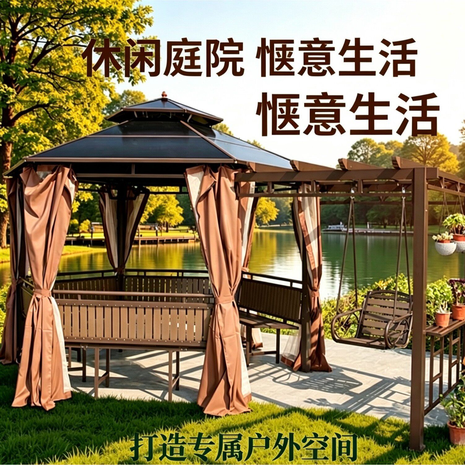 网红新中式庭院凉亭家用花园防雨防雨防晒凉亭别墅露台休闲六角亭