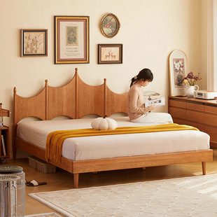 实木双人床樱桃木儿童床日式复古风原木卧室大床小户型黑胡桃婚床