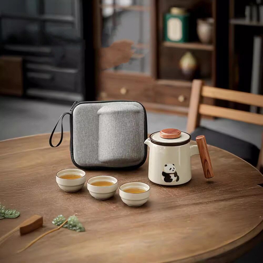 草木灰熊猫便携式旅行茶具小套组一壶三杯快客杯家用户外随手泡茶