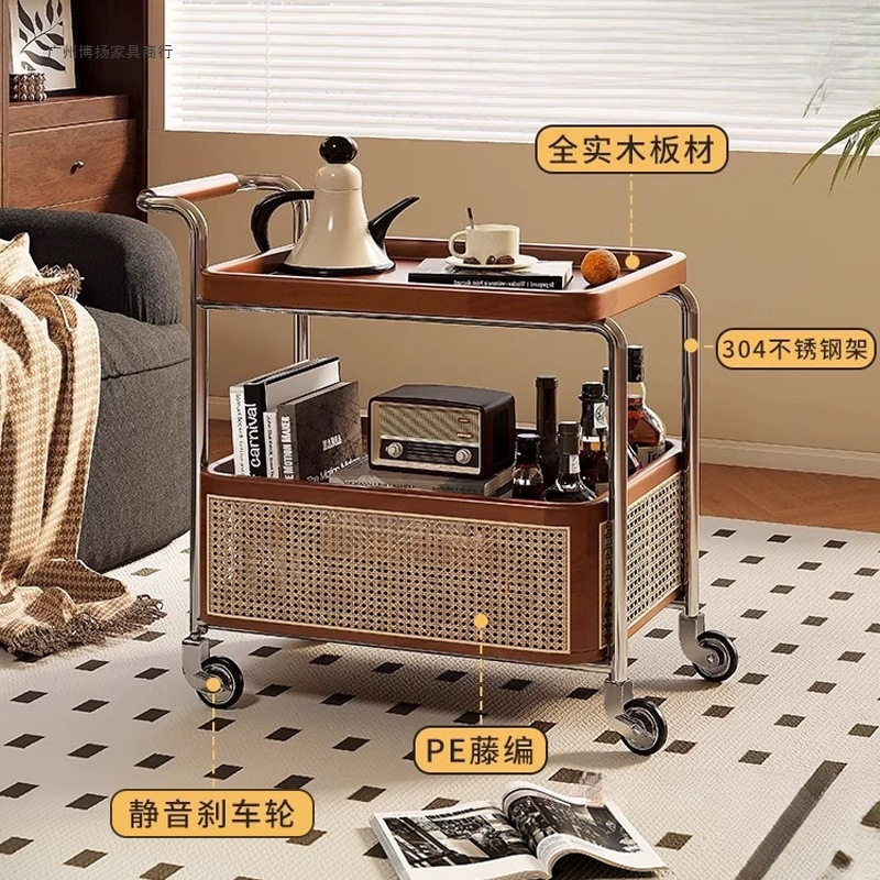 中古风实木可移动收纳餐车