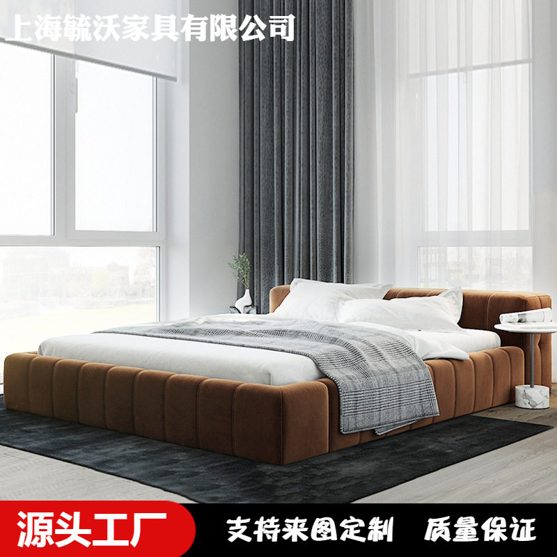 方块床1.8m轻奢床卧室绒布1.5m布艺床主卧双人床榻榻米复古风