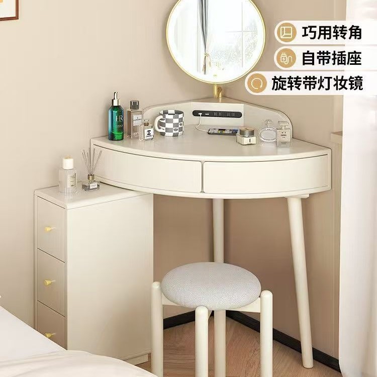 实木转角梳妆台卧室小型化妆桌多功能墙角收纳柜轻奢三角化妆台