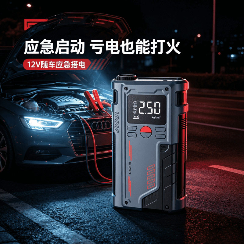汽车应急启动电源充气泵一体机三合一搭电宝12V车载打气泵