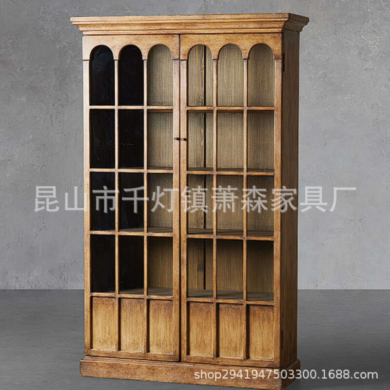 美式实木书柜北欧复古边柜双门餐边柜橡木酒柜储物柜法式乡村家具