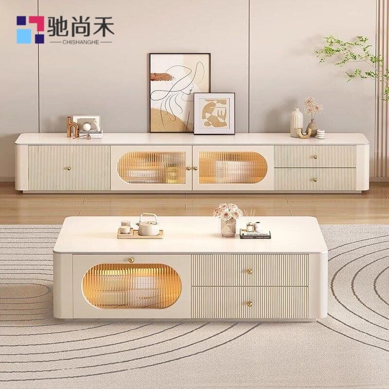 奶油风小户型实木岩板电视柜