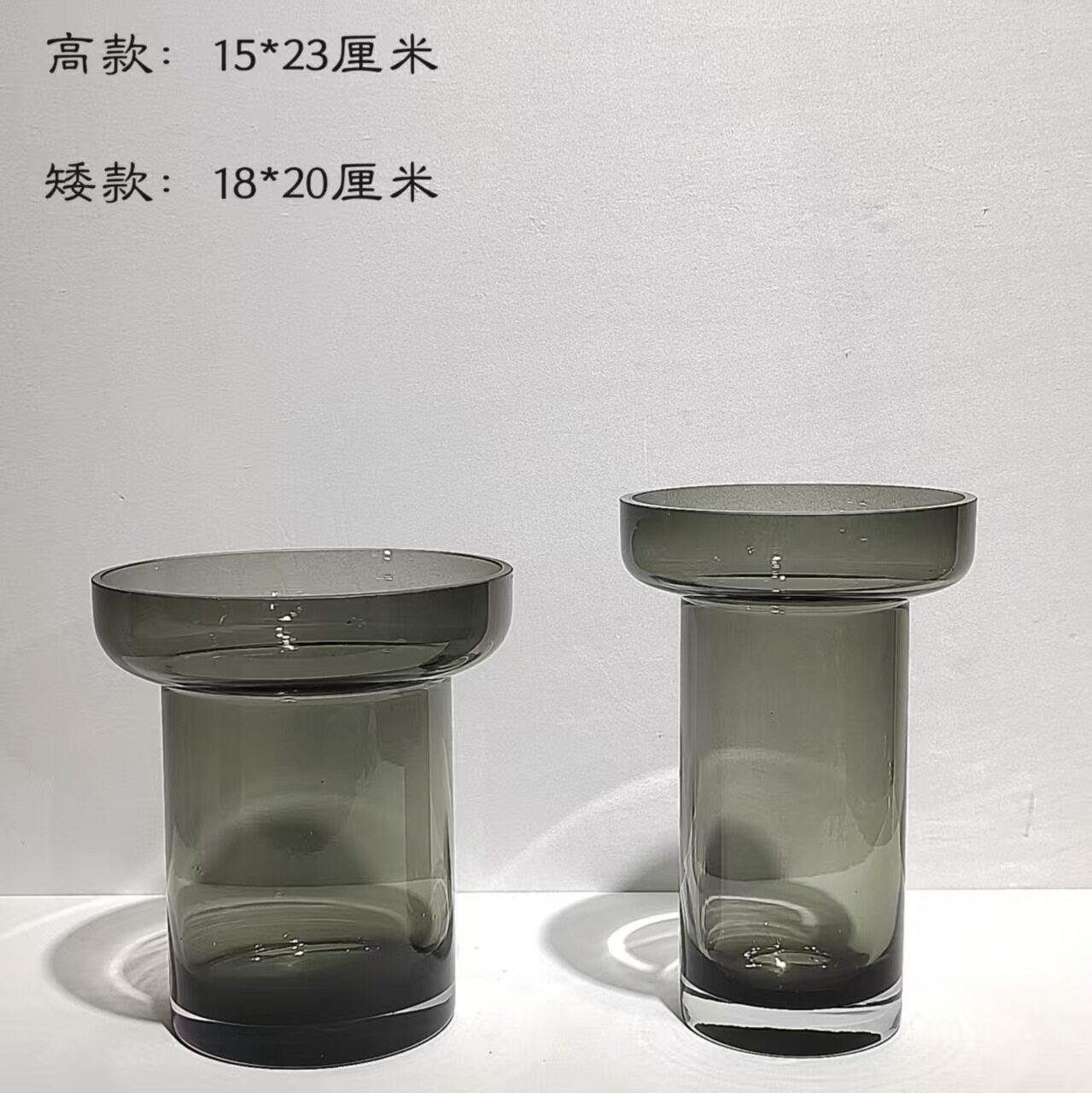 轻奢现代广口灰色玻璃花瓶家居桌面插花设计摆件样板房茶几摆件