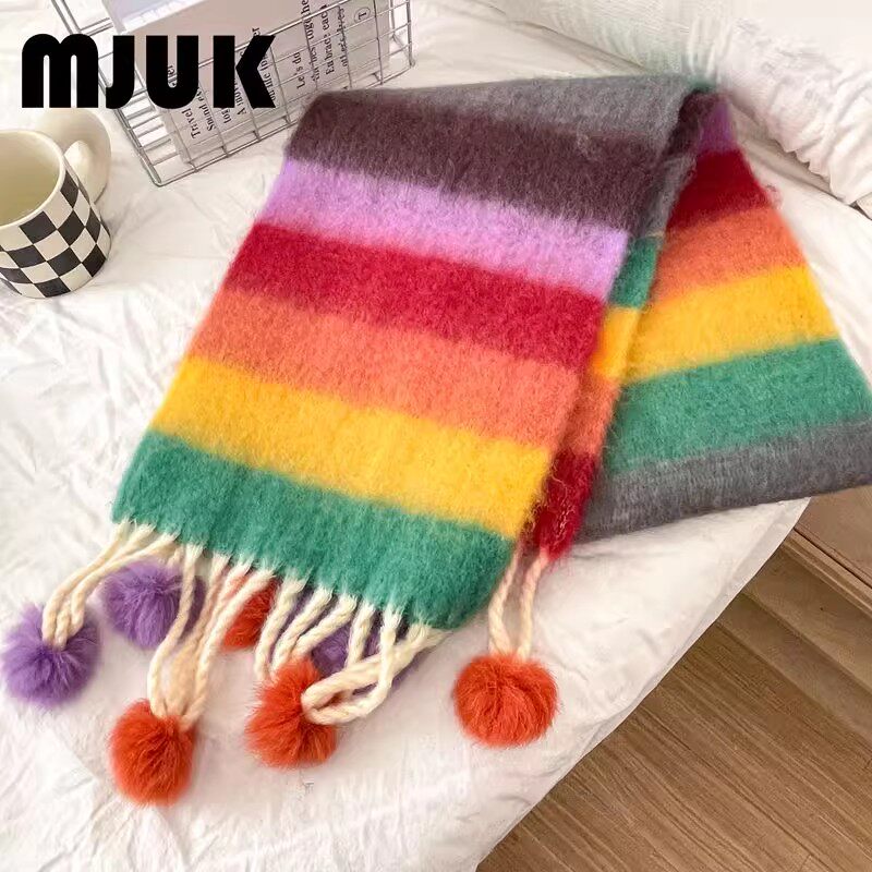 MJUK彩虹兔毛吊球围巾女冬季百搭高级感保暖新款围脖可爱搭配大衣