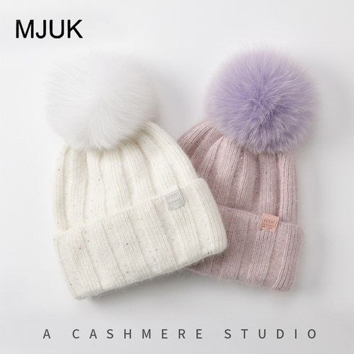 针织帽MJUK女保暖狐狸毛球冬季