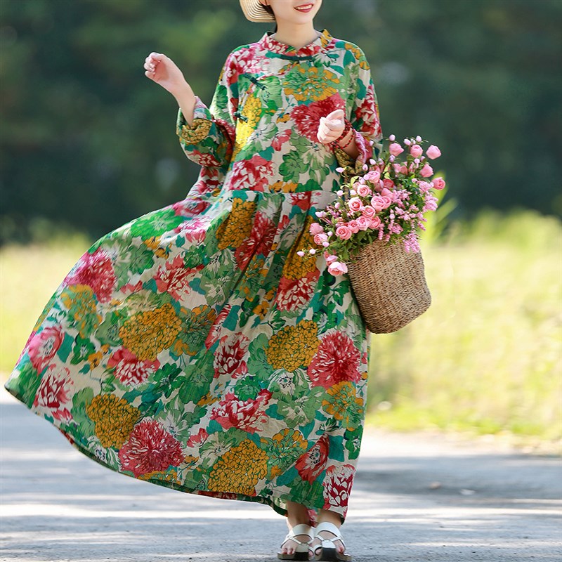 长款绿色花朵连衣裙新中t式复古宽松棉麻国风长袖长裙气质系带裙