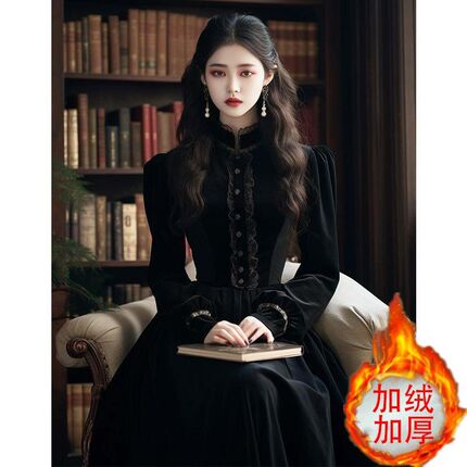 法式复古宫廷风黑色丝绒q连衣裙女秋冬宴会礼服高级感气质显瘦长