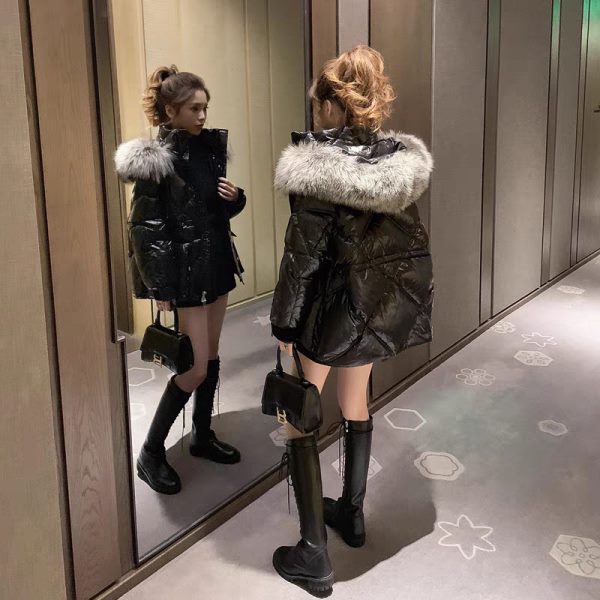 2024冬季新款韩版大毛领黑色亮面短款棉衣女加厚羽绒棉服棉袄外套