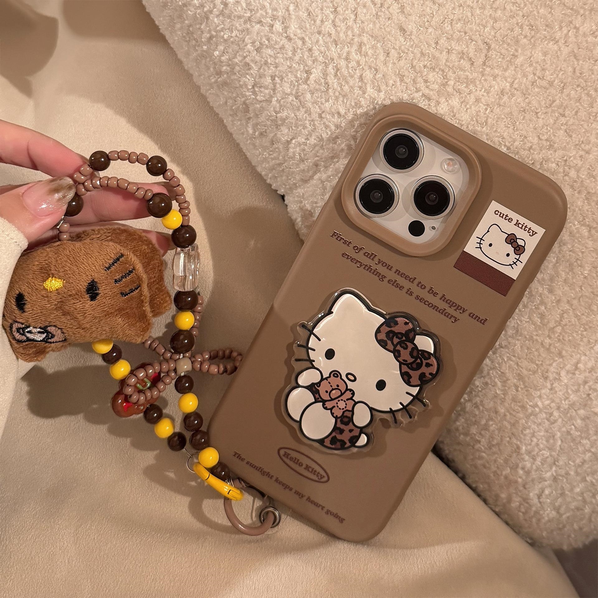 适用苹果16手机壳棕色豹纹猫贴iphone14立体15promax挂链12男女13