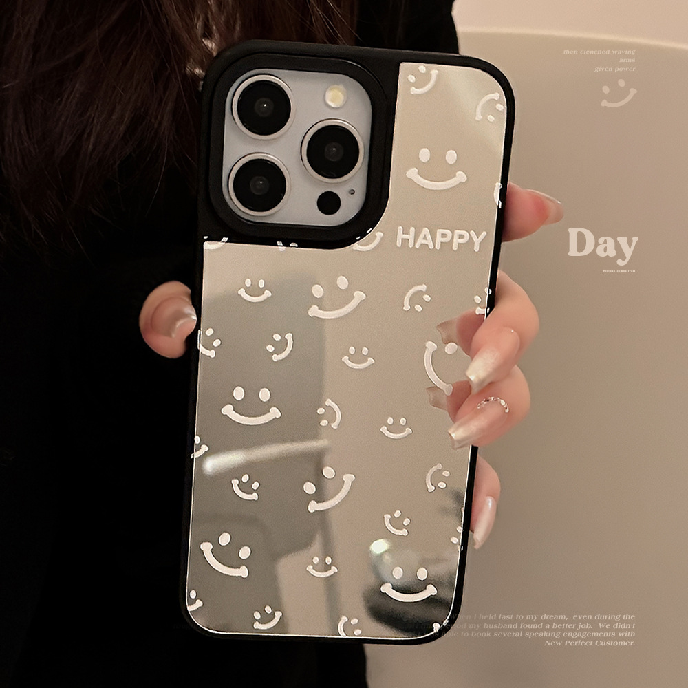 适用苹果16pro手机壳max镜面微笑满屏iphone15极简13防摔14小众硬