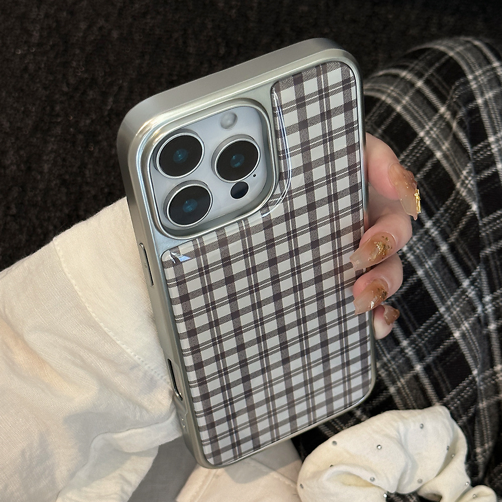 灰色格纹适用苹果16手机壳iphone14promax滴胶个性13电镀15暗黑风