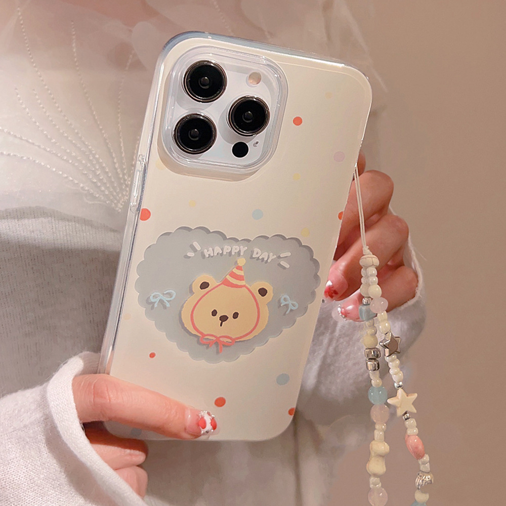 可爱波点小熊挂绳适用苹果15手机壳13奶黄iphone16promax透明11软
