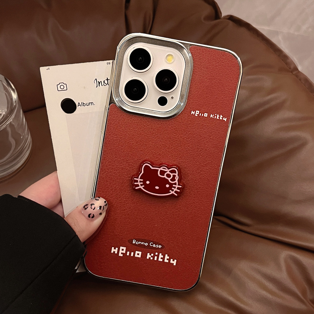 ins风红色可爱猫咪苹果手机壳16pro max皮质15适用iPhone14挂绳11