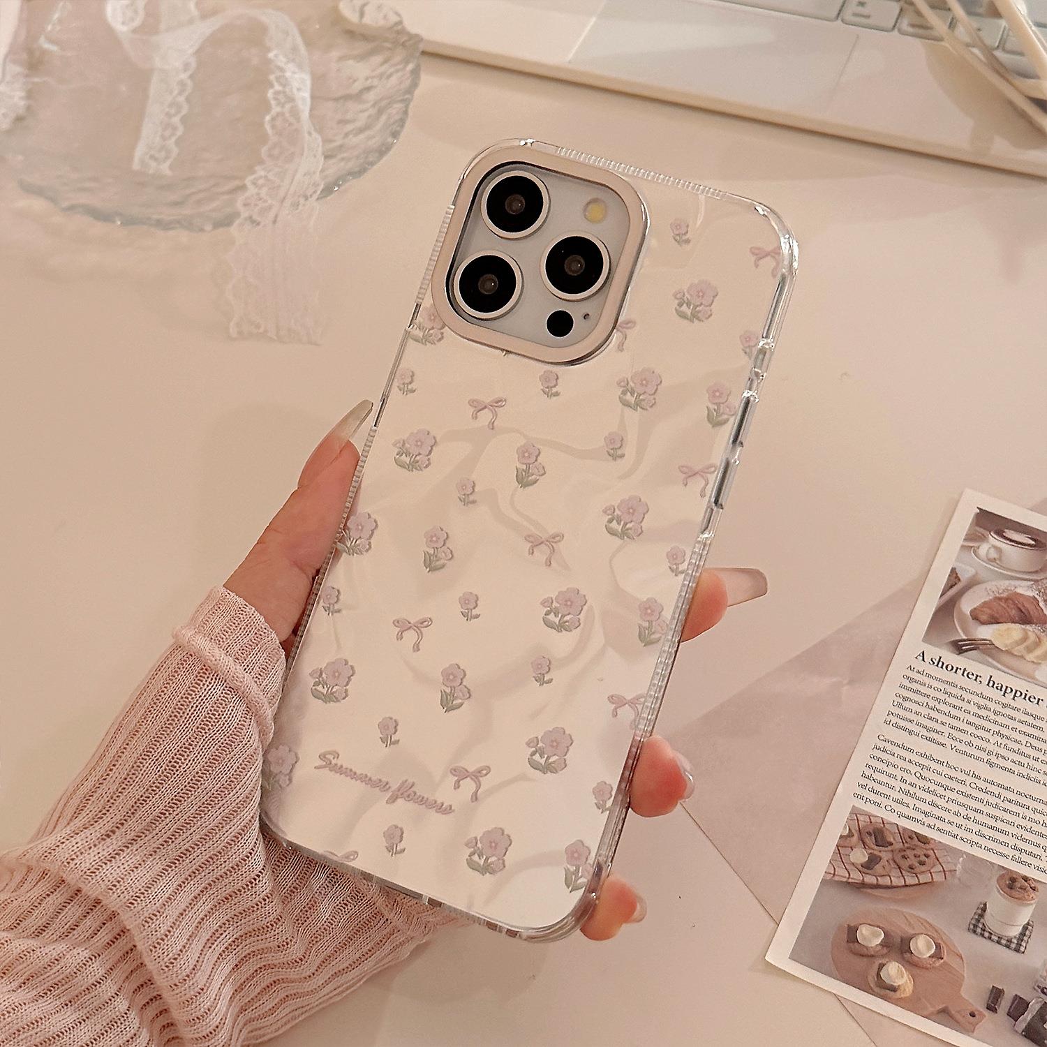 粉色小碎花苹果15pro手机壳max适用iphone16防摔13水波纹12甜美硬