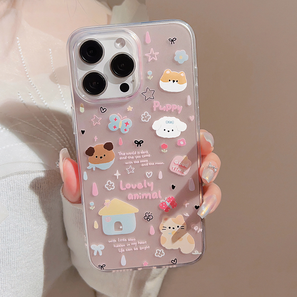 ins卡通涂鸦小狗猫咪适用苹果15pro max手机壳iphone14挂链11软16