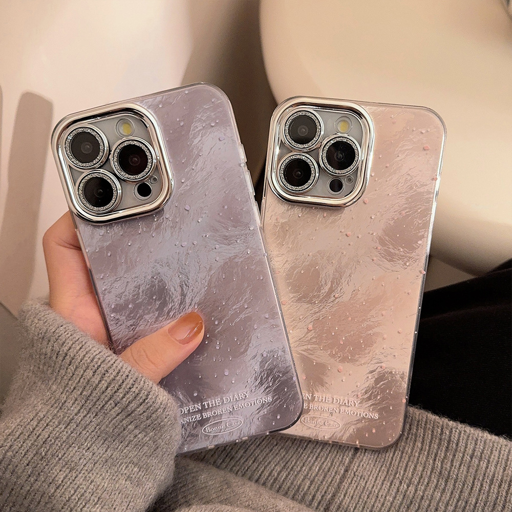 粉紫渐变冰川纹手机壳适用14苹果15promax镜头膜iphone16硬12闪粉