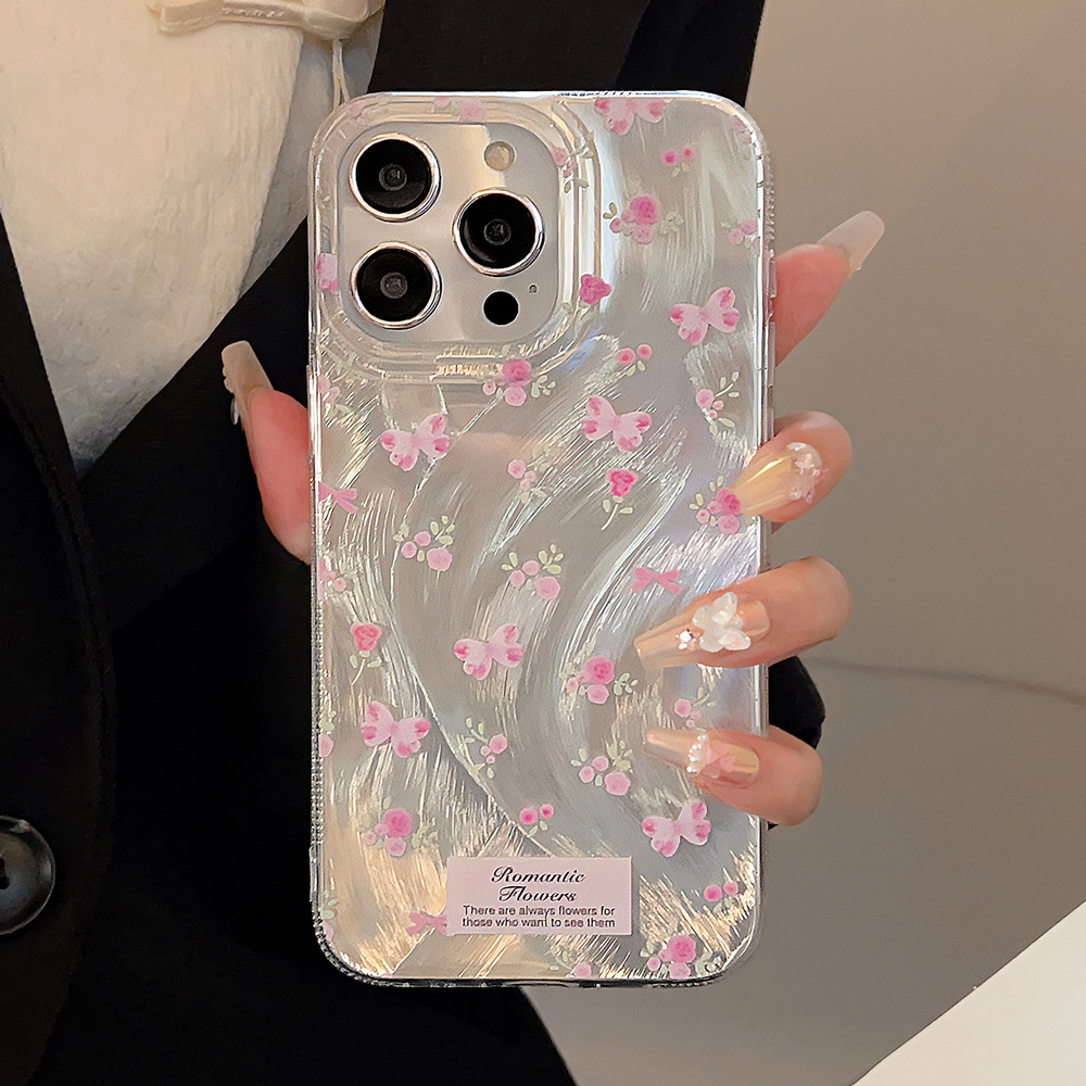温柔粉色蝴蝶花朵适用苹果15promax手机壳iphone14文艺13羽纱16硬