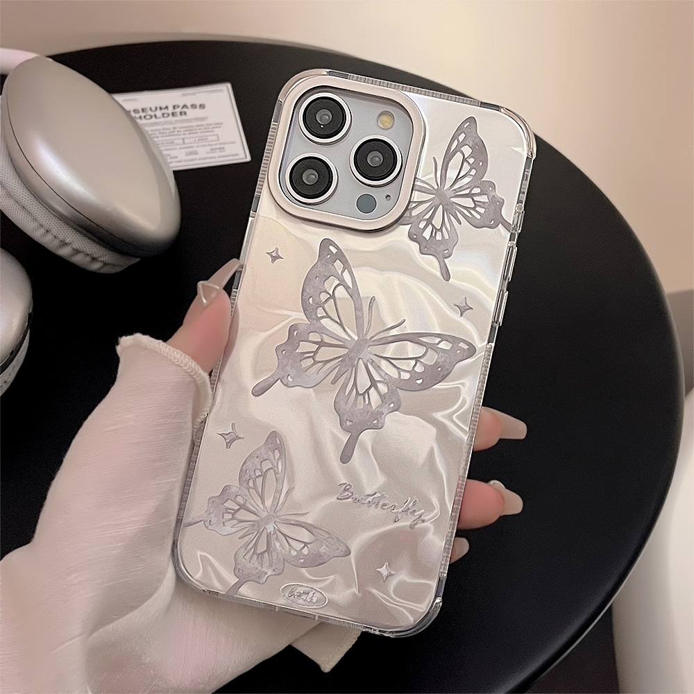 银色蝴蝶适用iPhone手机壳苹果15水波纹13高级感16promax防摔14硬