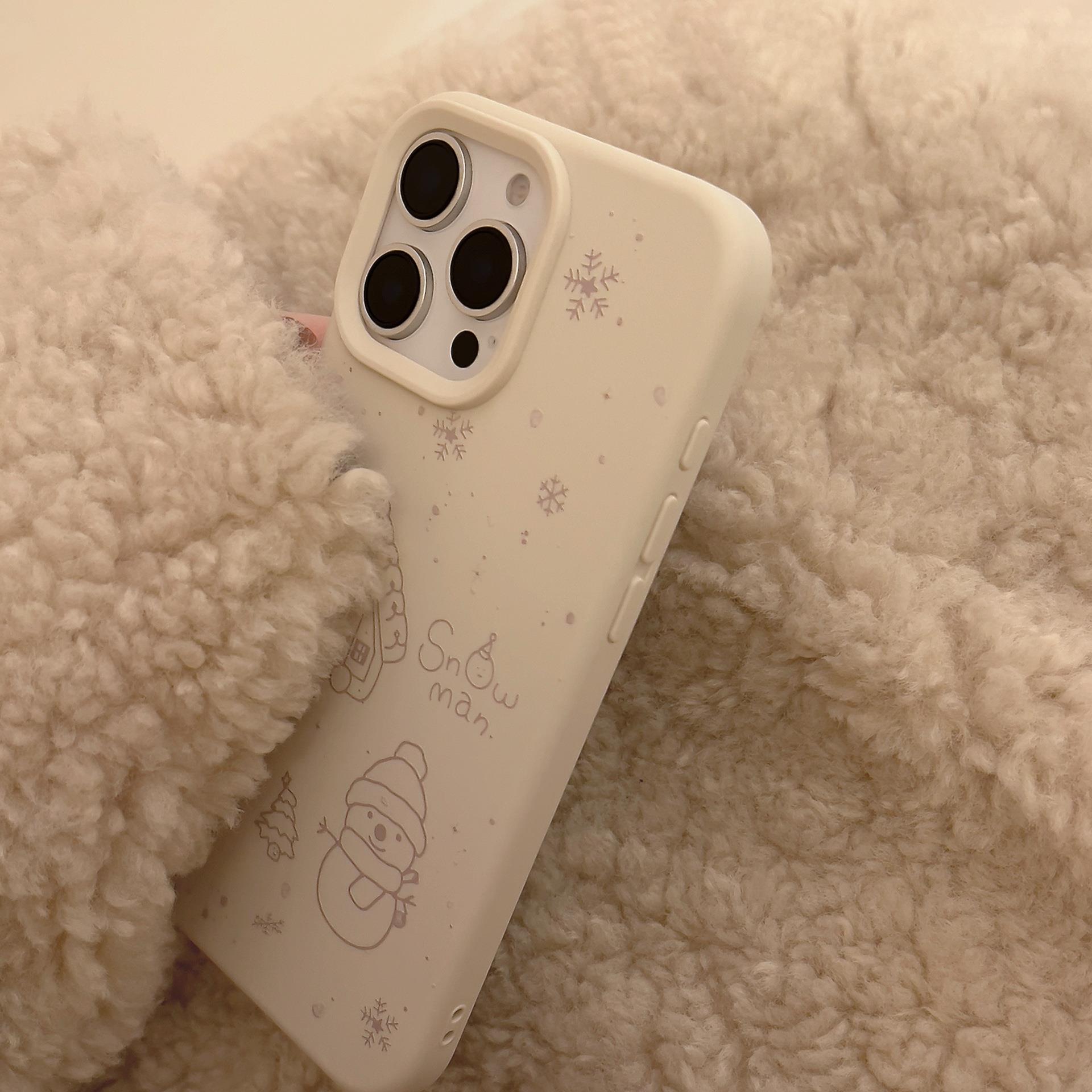 ins秋冬卡通雪人适用苹果16pro max手机壳iphone15毛绒绳14简约13