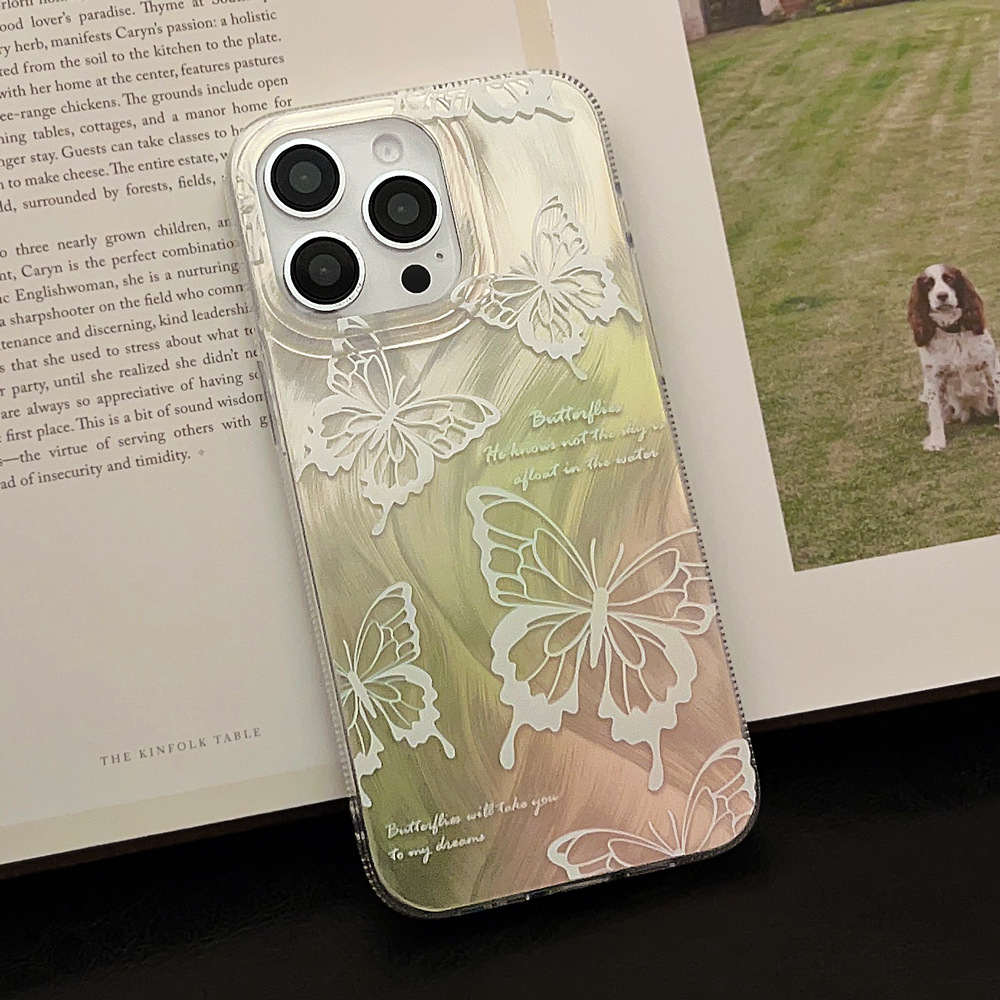 羽纱绿色晕染蝴蝶苹果15promax手机壳适用14小清新iphone13艺术16