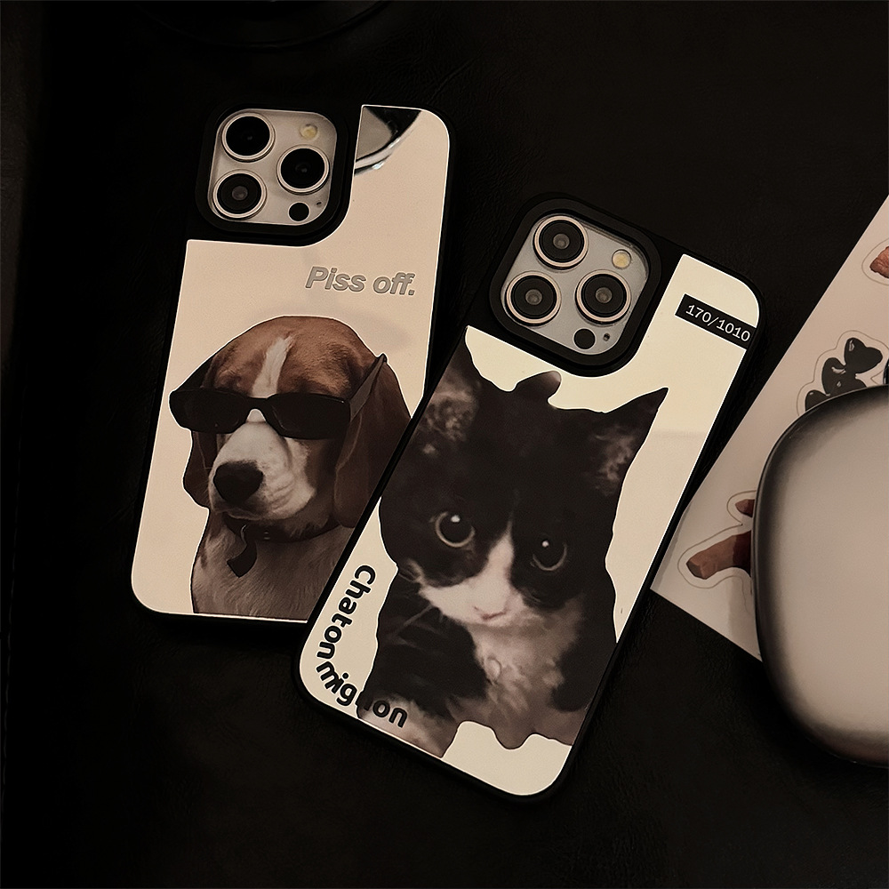 情侣潮酷猫狗适用苹果16promax手机壳个性iphone14防摔13镜面15硬