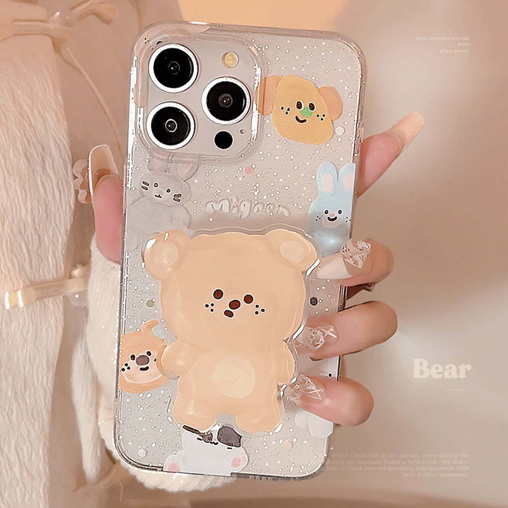 油画布偶小熊苹果15手机壳13闪粉iphone16promax适用11原创支架12