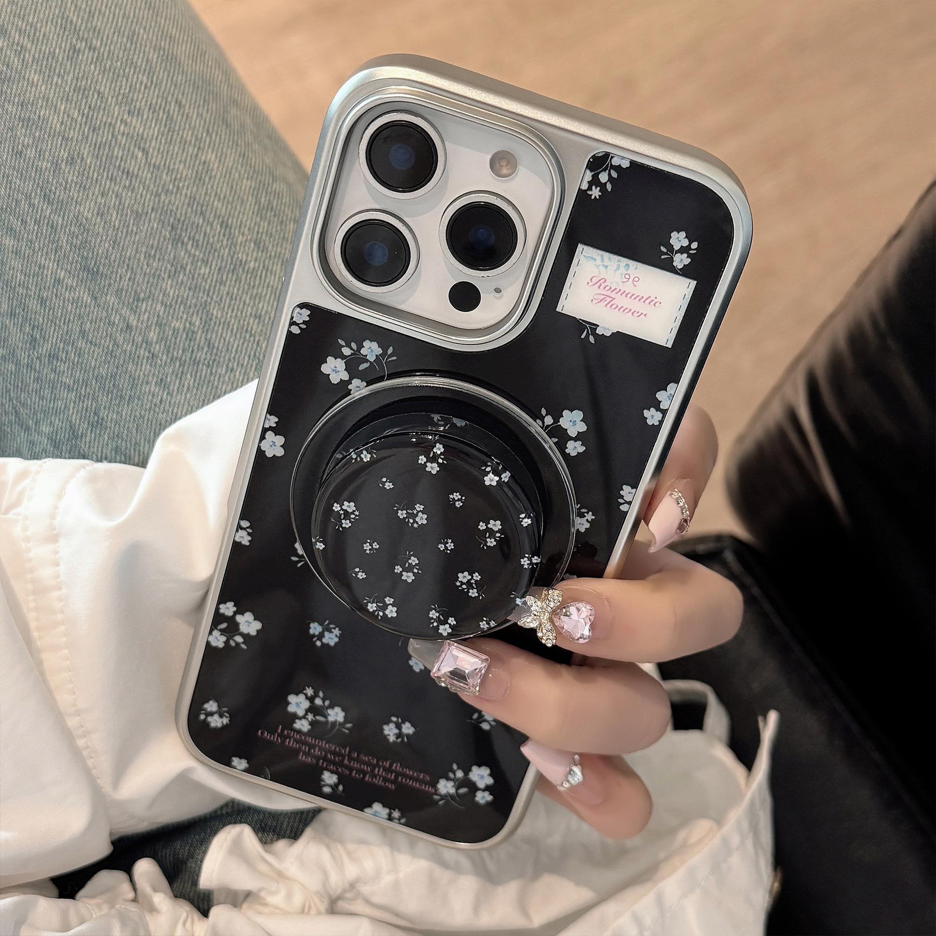 磁吸黑蓝花支架适用苹果16pro max手机壳iphone15亚克力13华为P70