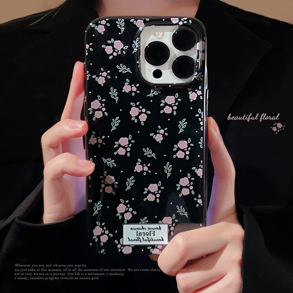 黑粉色小碎花适用苹果15promax手机壳14小众iphone13硅胶16甜酷12