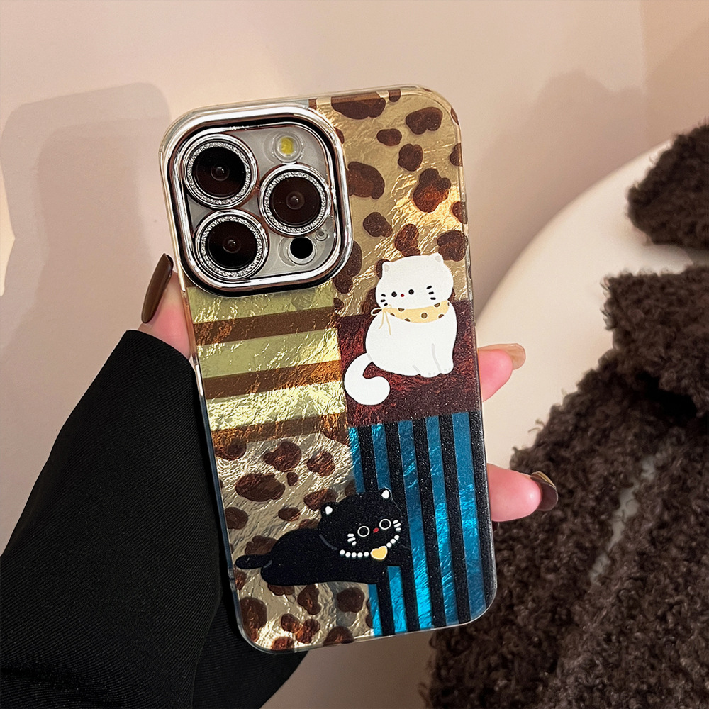 复古豹纹猫咪苹果16手机壳iphone15适用14pronax毛球手链13镜头膜