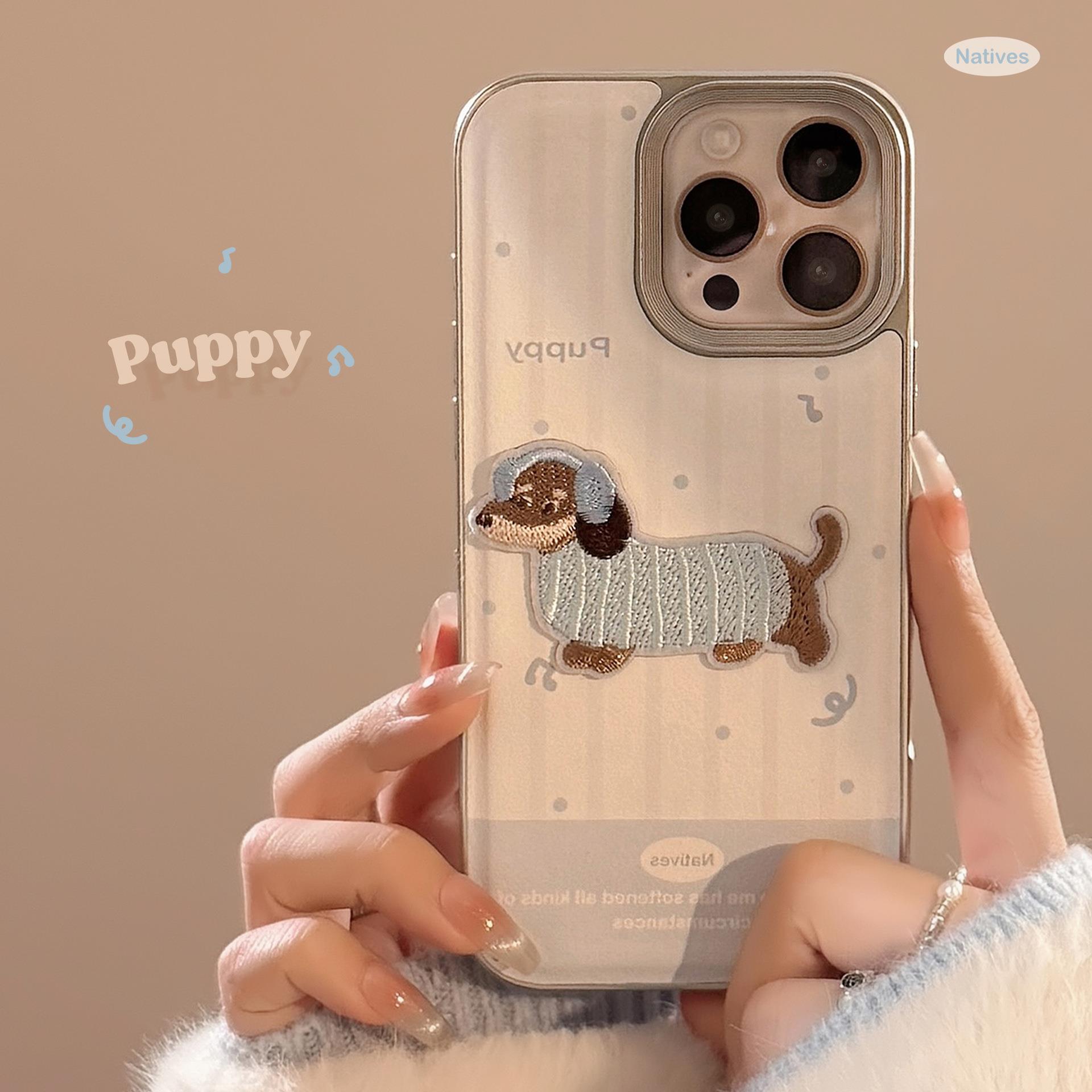 奶蓝可爱刺绣小狗苹果16手机壳14promax皮质立体适用iPhone15软11