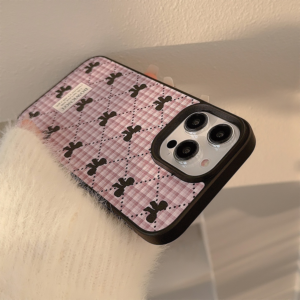 韩系蝴蝶结格纹手机壳16苹果14promax甜美11适用iPhone15皮质13冬