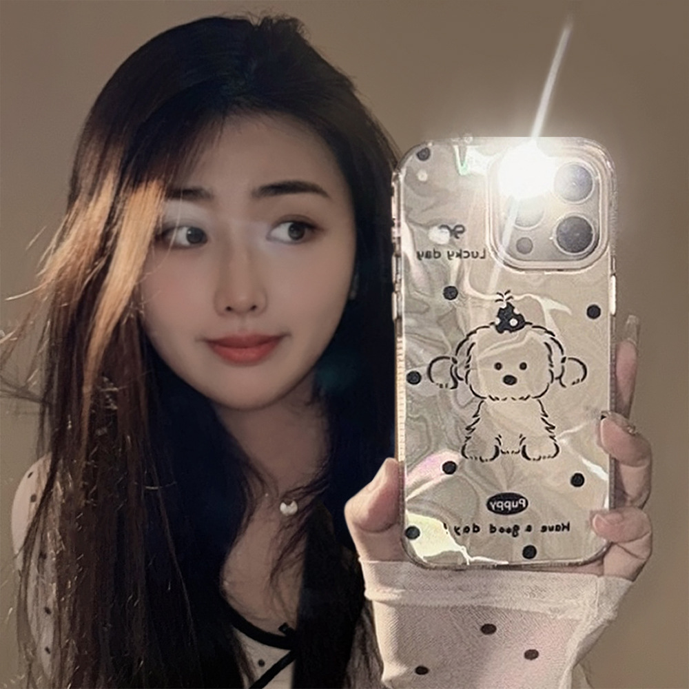 电镀银适用iphone16简约线条小狗手机壳苹果14promax镭射13男女12