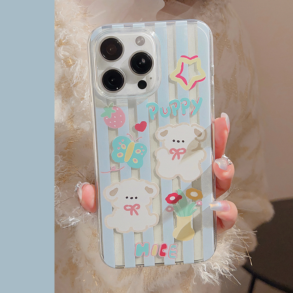 ins清新蓝色条纹小狗适用iphone14pro max苹果15手机壳11挂绳16软