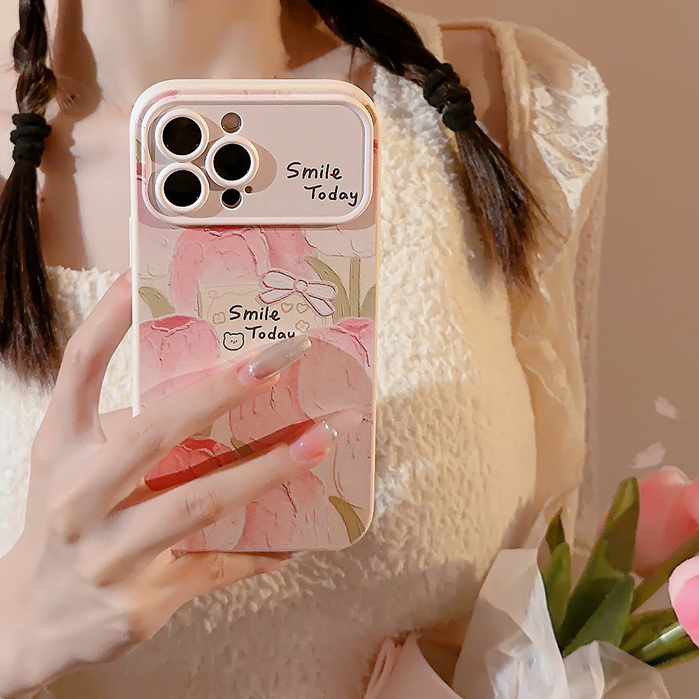 适用iphone13手机壳粉色郁金香花朵15promax手机壳苹果14大视窗16