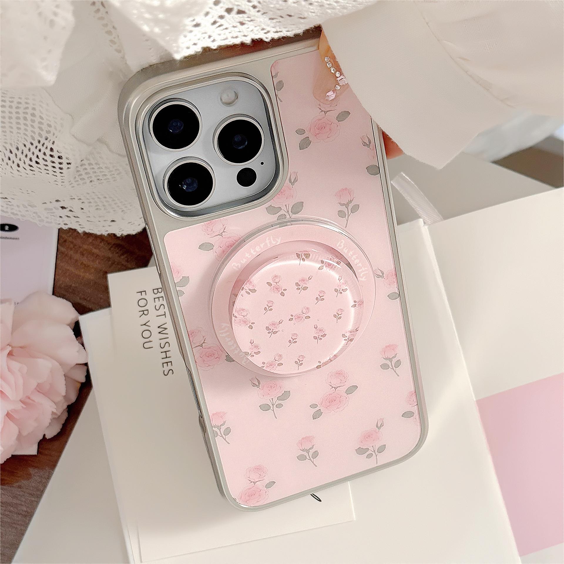 韩系适用苹果15promax手机壳iphone16磁吸14粉玫瑰花支架13硬华为