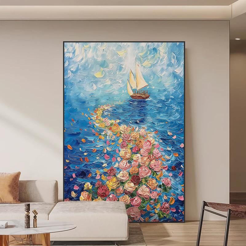 北欧花卉大海客厅装饰画沙发背景墙落地挂画肌理一帆风顺玄关壁画